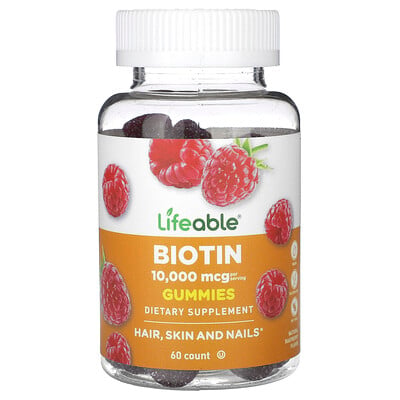 Biotin Gummies, Natural Raspberry, 10,000 Mcg, 60 Gummies