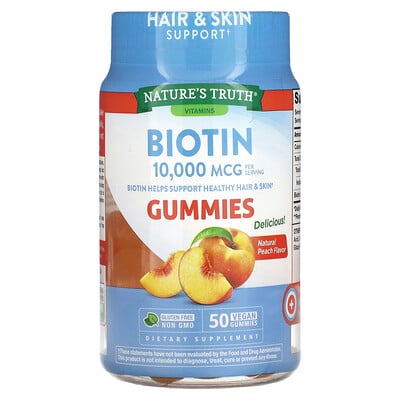 Biotin, Natural Peach, 10,000 Mcg, 50 Vegan Gummies