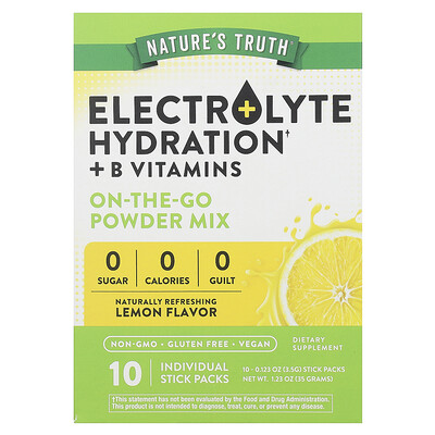 Electrolyte Hydration + B Vitamins, On-the-go Powder Mix, Lemon, 10 Individual Stick Packs 0.123 Oz (3.5 G)
