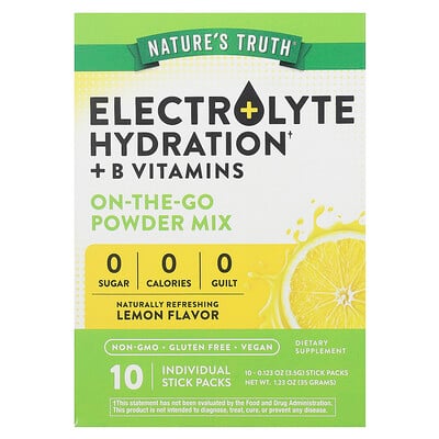 Electrolyte Hydration + B Vitamins, On-the-go Powder Mix, Lemon, 10 Individual Stick Packs 0.123 Oz (3.5 G)