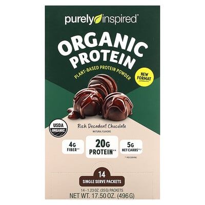 Organic Plant-based Protein Powder, Rich Decadent Chocolate, 14 Single Serve Packets, 1.23 Oz (35 G)
