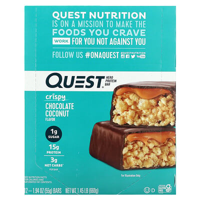 Hero Protein Bar, Crispy Chocolate Coconut, 12 Bars, 1.94 Oz (55 G)
