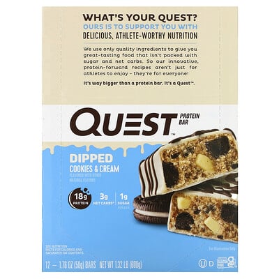 Protein Bar, Dipped Cookies & Cream, 12 Bars, 1.76 Oz (50 G)
