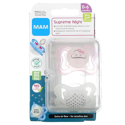 Supreme Night Pacifier, 0-6 Months, Pink/clear, 2 Count