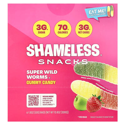 Super Wild Worms® Gummy Candy, Green Apple And Strawberry, 6 Bags, 1.8 Oz (50 G)
