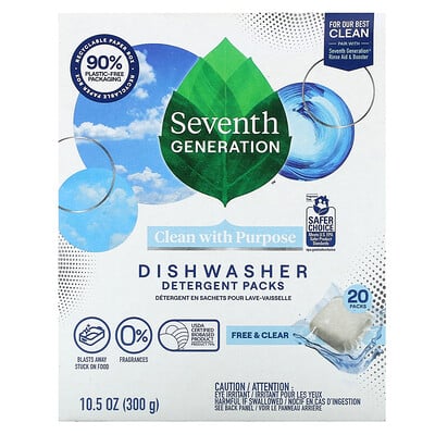 Dishwasher Detergent Packs, Free & Clear, Fragrance Free , 20 Packs