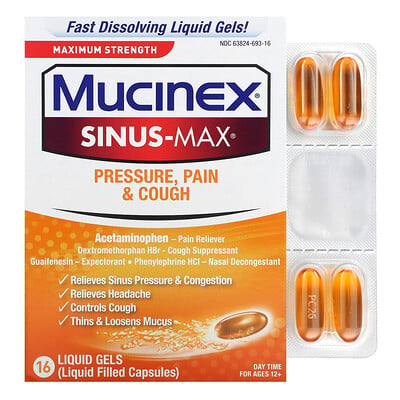 Sinus-max, Pressure, Pain & Cough, Maximum Strength, For Ages 12+, 16 Liquid Gels