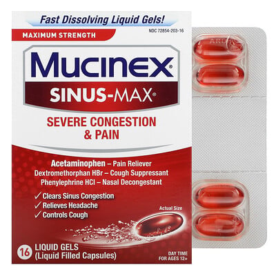 Sinus-max, Severe Congestion & Pain, Maximum Strength, For Ages 12+, 16 Liquid Gels