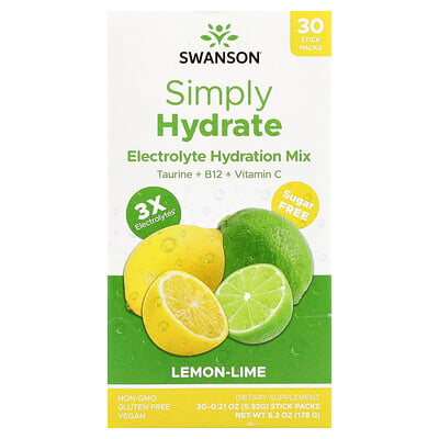 Simply Hydrate, Electrolyte Hydration Mix, Sugar Free, Lemon-lime, 30 Stick Packs, 0.21 Oz (5.92 G)