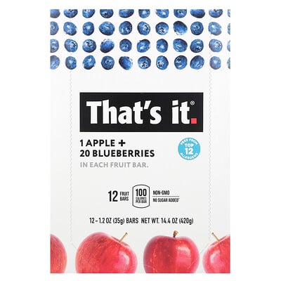 Fruit Bars, Apple + Blueberries, 12 Bars, 1.2 Oz (35 G)