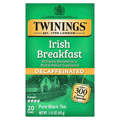 Pure Black Tea, Irish Breakfast, Decaffeinated, 20 Tea Bags