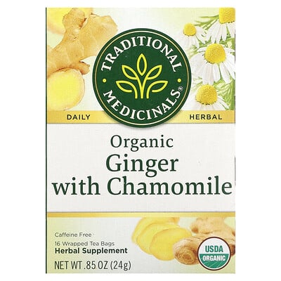 Herbal Teas, Organic Ginger With Chamomile, Caffeine Free, 16 Wrapped Tea Bags