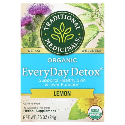 Organic Everyday Detox, Lemon, Caffeine Free, 16 Wrapped Tea Bags