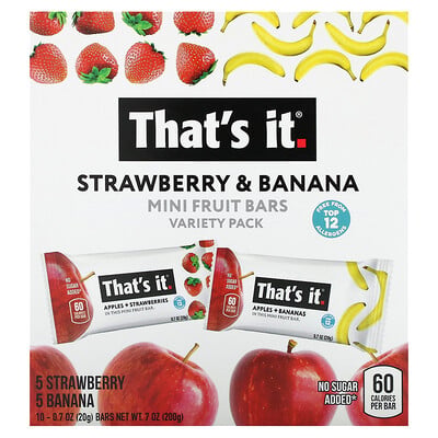 Mini Fruit Bars Variety Pack, Strawberry & Banana, 10 Bars, 0.7 Oz (20 G)each