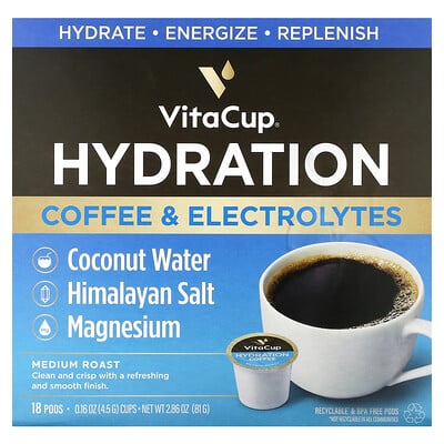 Hydration, Coffee & Electrolytes, Medium Roast, 18 Pods, 0.16 Oz (4.5 G)