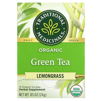 Organic Green Tea, Lemongrass, 16 Wrapped Tea Bags