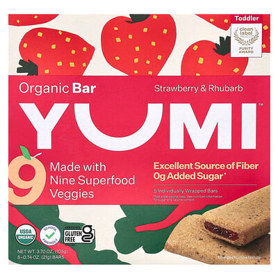 Organic Bar, Toddler, Strawberry & Rhubarb, 5 Bars, 0.74 Oz (21 G)