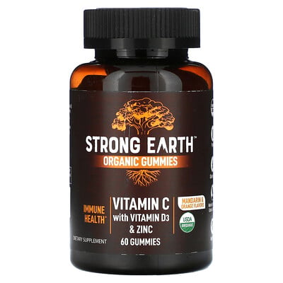 Strong Earth Organic Gummies, Vitamin C With Vitamin D3 & Zinc, Mandarin & Orange, 60 Gummies