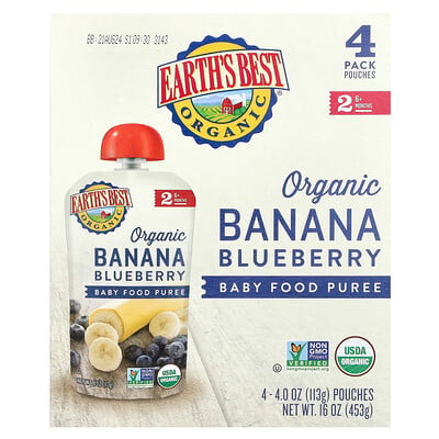 Organic Baby Food Puree, 6+ Months, Banana Blueberry, 4 Pack, Each