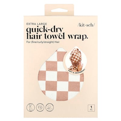 Quick-dry Hair Towel Wrap, Extra Large, Terracotta Checker, 1 Wrap