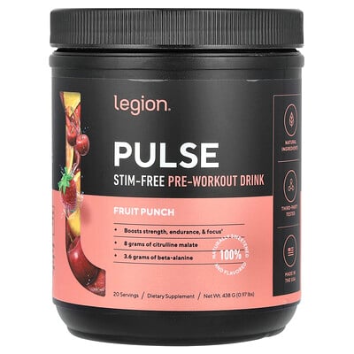 Pulse, Stim-free Pre-workout Drink, Fruit Punch, 0.97 Lbs
