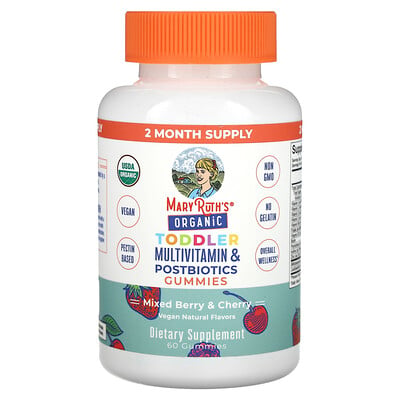 Organic Toddler Multivitamin & Postbiotics Gummies, Mixed Berry & Cherry, 60 Gummies