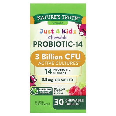 Just 4 Kidz, Chewable Probiotic-14, Natural Berry , 3 Billion Cfu , 30 Chewable Tablets