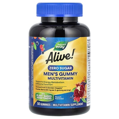 Alive! Men's Gummy Multivitamin, Zero Sugar, Peach, 50 Gummies