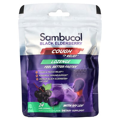Black Elderberry, Cough Relief Lozenge With Ivy Leaf, Berry Eucalyptus, 24 Hard Lozenges