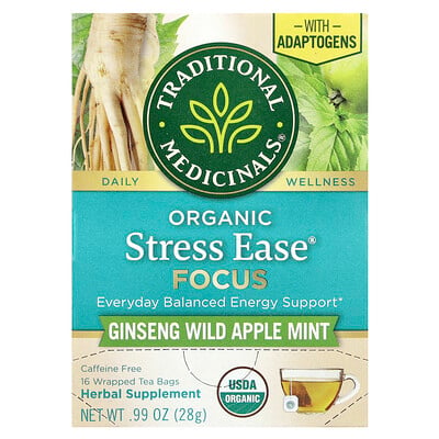 Organic Stress Ease Focus, Ginseng Wild Apple Mint, Caffeine Free, 16 Wrapped Tea Bags