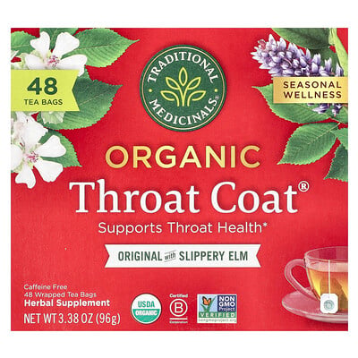 Organic Throat Coat®, Original With Slippery Elm, Caffeine Free, 48 Wrapped Tea Bags