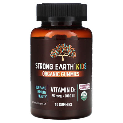 Strong Earth Kids Organic Gummies, Vitamin D3, Strawberry & Raspberry, 25 Mcg, 60 Gummies